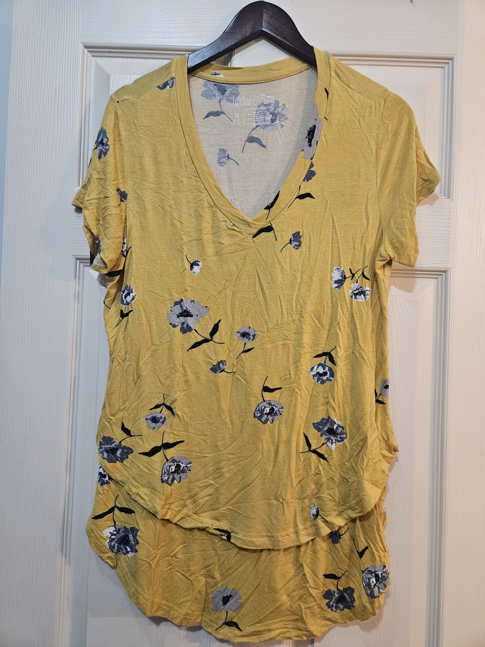 Latched Mama Mustard V-Neck Short Sleeve Top with Blue Floral Print